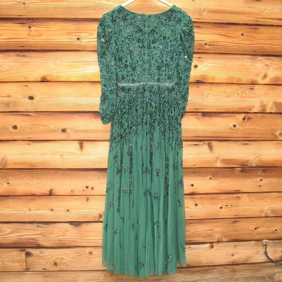 Mac Duggal 5497  Womens Green Embellished V Neck 3/4 Sleeve A Line Gown Regular - Picture 10 of 13